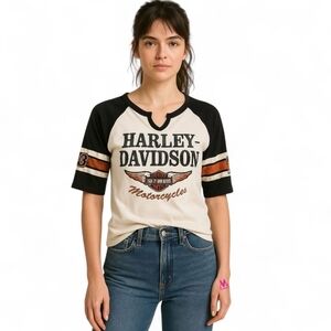 Harley Davidson 1/2 Sleeve Y2K Raglan Tee - Logo Graphic Baseball Top - Size S